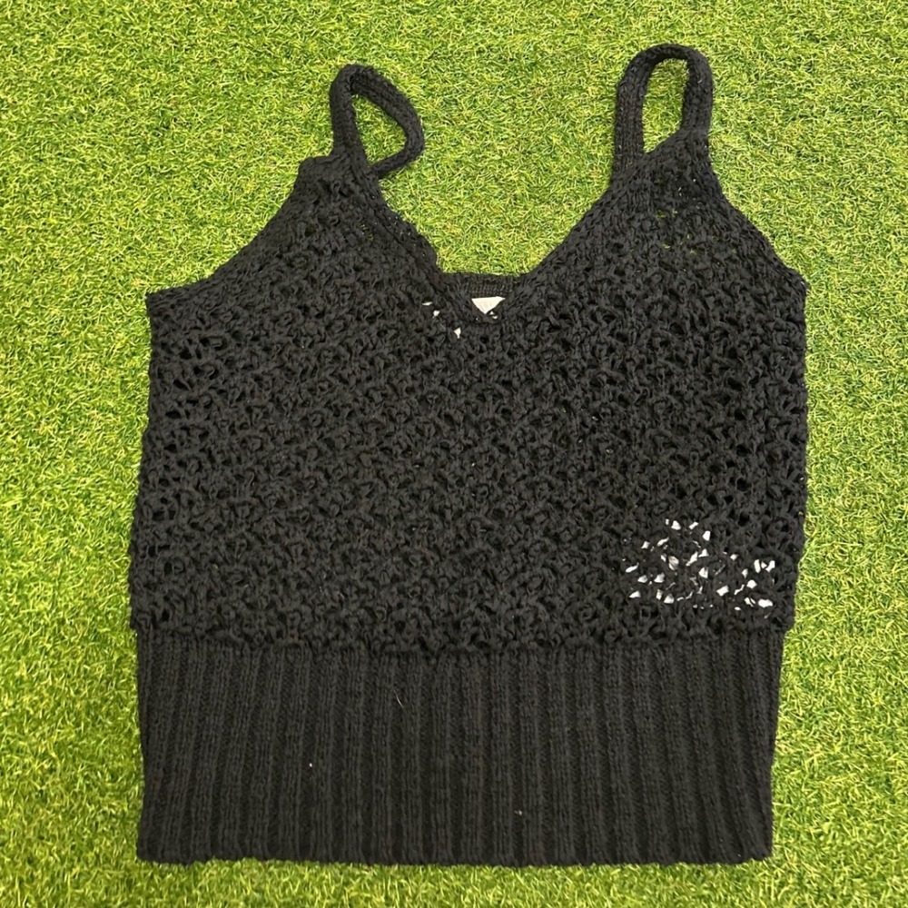 J.Crew Womens Black Crochet Knit Camisole Top Ribbed Hem Size S